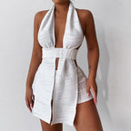 White Deep V-neck Halter Bandage 2 Pieces Sets Sleeveless Backless Suits Outfits with Shorts nowadaysfashion