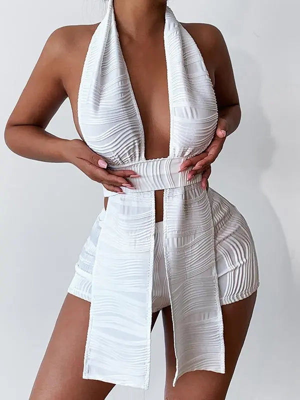 White Deep V-neck Halter Bandage 2 Pieces Sets Sleeveless Backless Suits Outfits with Shorts nowadaysfashion