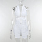 White Deep V-neck Halter Bandage 2 Pieces Sets Sleeveless Backless Suits Outfits with Shorts nowadaysfashion