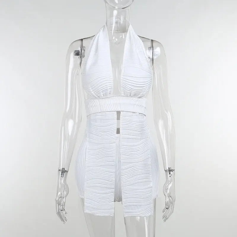 White Deep V-neck Halter Bandage 2 Pieces Sets Sleeveless Backless Suits Outfits with Shorts - Blade & Thread