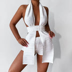 White Deep V-neck Halter Bandage 2 Pieces Sets Sleeveless Backless Suits Outfits with Shorts nowadaysfashion