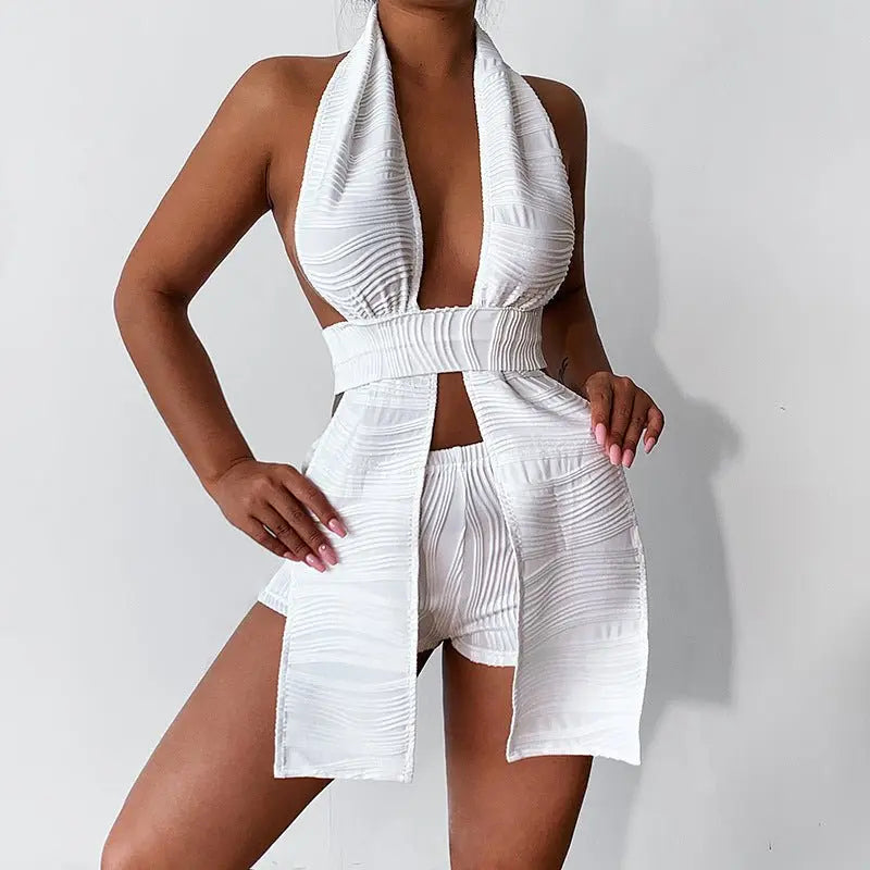 White Deep V-neck Halter Bandage 2 Pieces Sets Sleeveless Backless Suits Outfits with Shorts - Blade & Thread