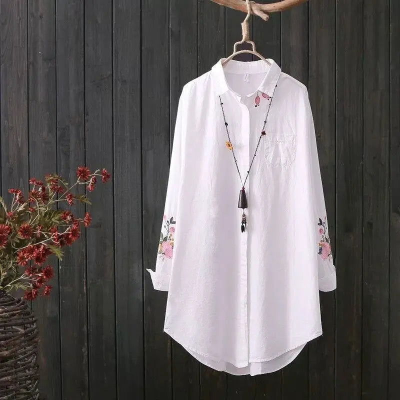 White Shirt Casual Wear Button Up Turn Down Collar Long Sleeve Cotton Blouse Embroidery - Blade & Thread
