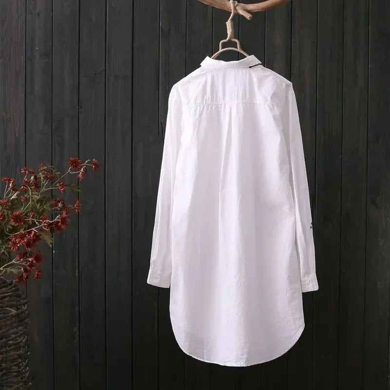White Shirt Casual Wear Button Up Turn Down Collar Long Sleeve Cotton Blouse Embroidery - Blade & Thread