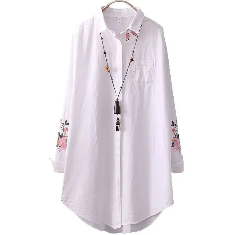 White Shirt Casual Wear Button Up Turn Down Collar Long Sleeve Cotton Blouse Embroidery - Blade & Thread