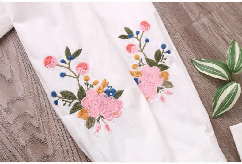 White Shirt Casual Wear Button Up Turn Down Collar Long Sleeve Cotton Blouse Embroidery - Blade & Thread
