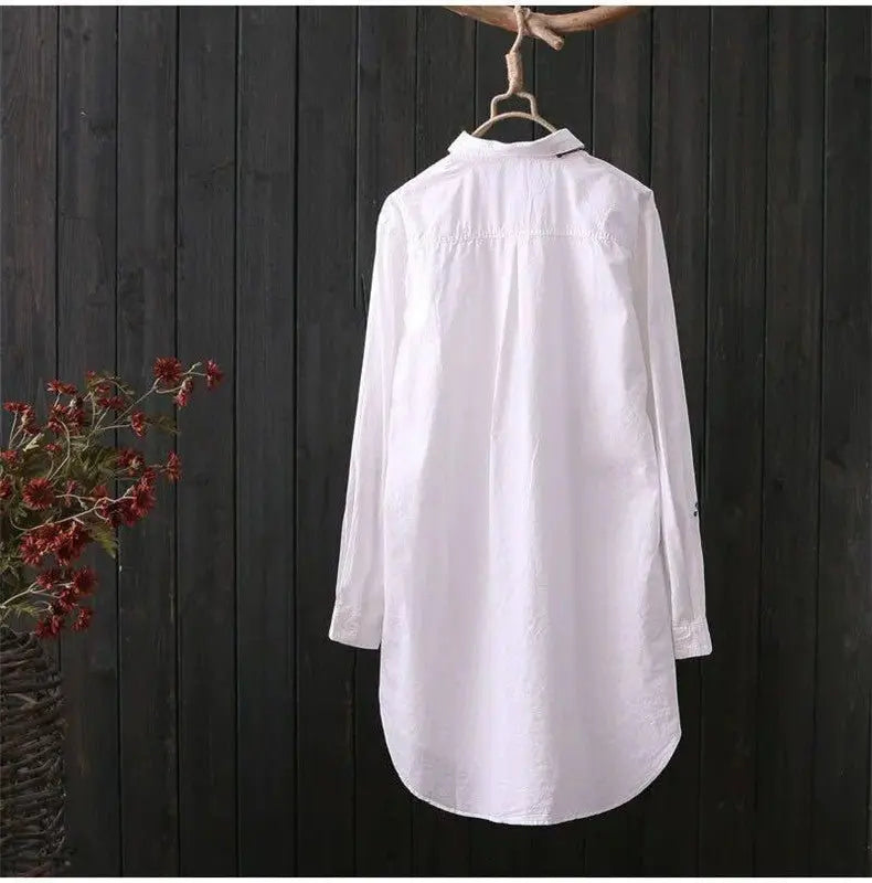 White Shirt Casual Wear Button Up Turn Down Collar Long Sleeve Cotton Blouse Embroidery - Blade & Thread