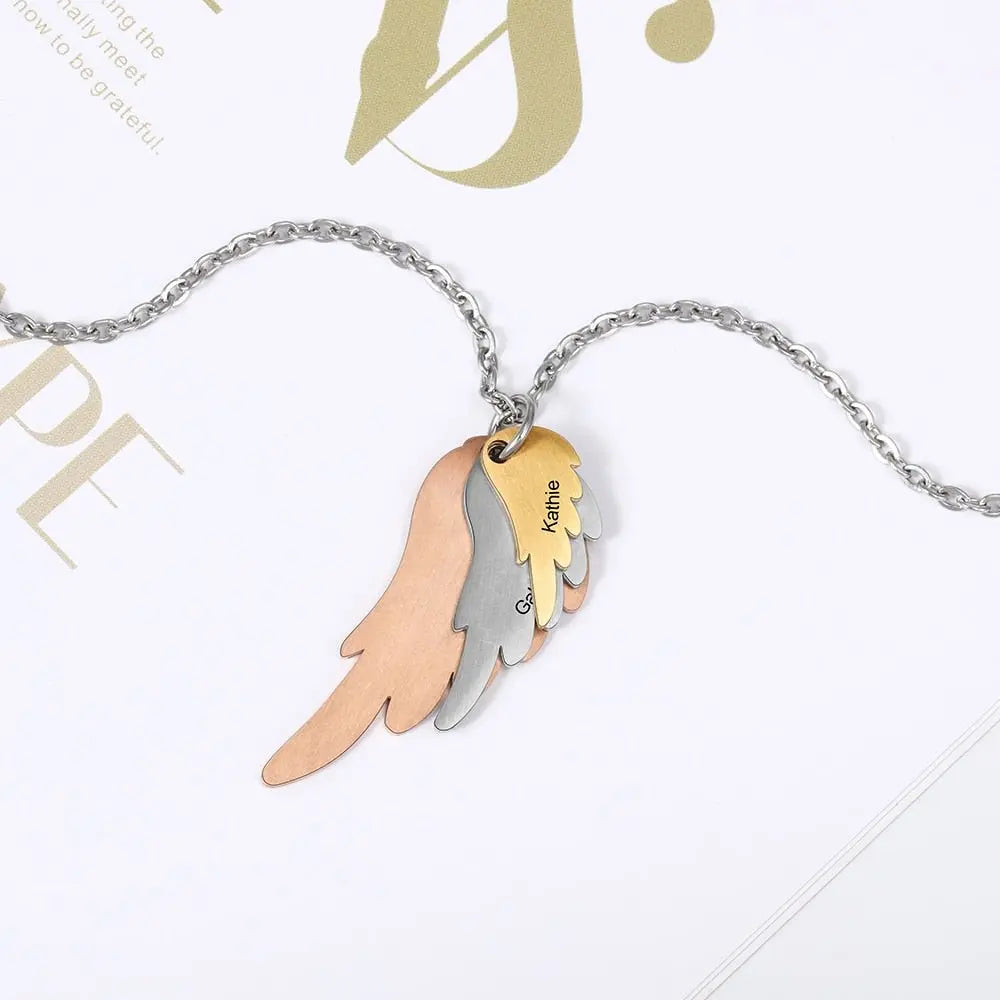 Wings Necklace with 3 Names Mixed Steel & Rose Gold & Gold Color Custom Family Necklace - Blade & Thread