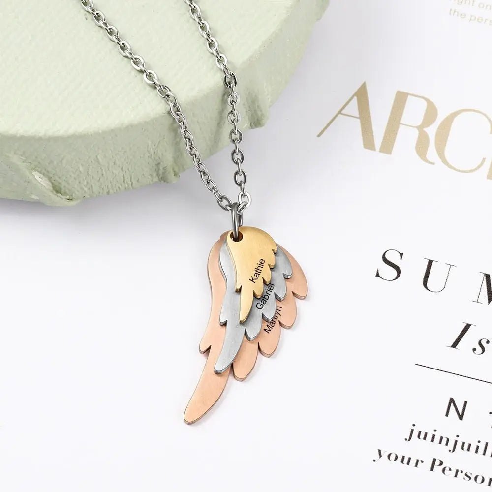 Wings Necklace with 3 Names Mixed Steel & Rose Gold & Gold Color Custom Family Necklace - Blade & Thread