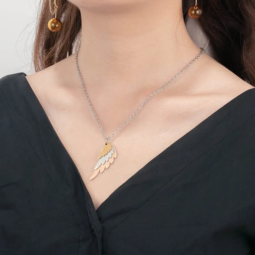 Wings Necklace with 3 Names Mixed Steel & Rose Gold & Gold Color Custom Family Necklace - Blade & Thread