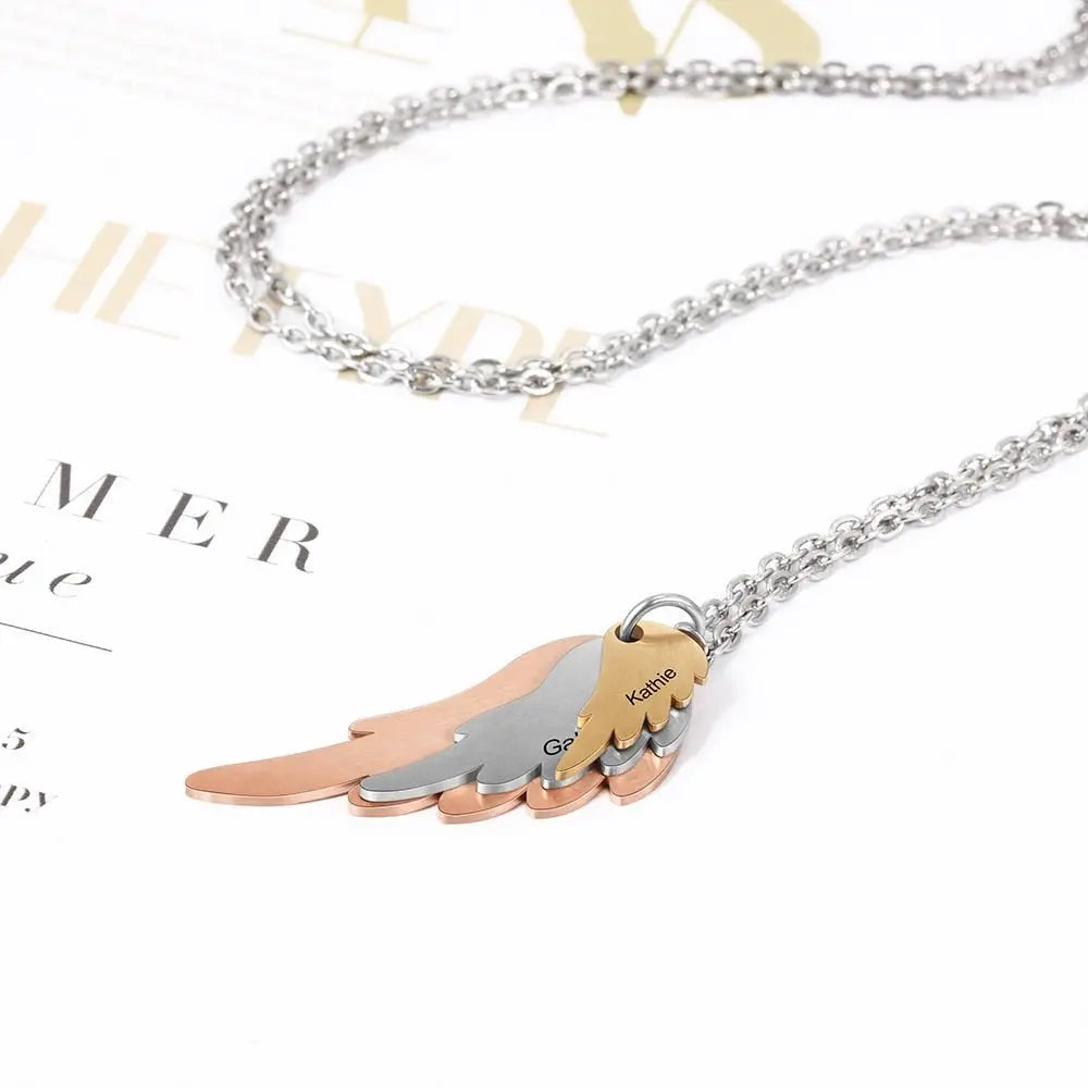 Wings Necklace with 3 Names Mixed Steel & Rose Gold & Gold Color Custom Family Necklace - Blade & Thread