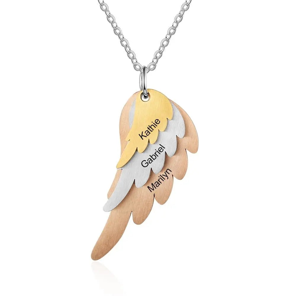 Wings Necklace with 3 Names Mixed Steel & Rose Gold & Gold Color Custom Family Necklace - Blade & Thread