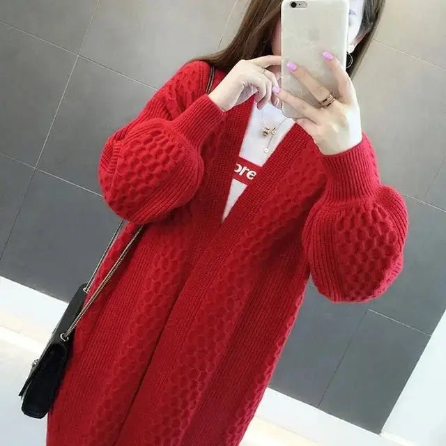 Winter lantern sleeve cardigan Long Sweater Women 2021 Lantern Sleeve Open Stitch Oversized Sweater Knit Coat nowadaysfashion