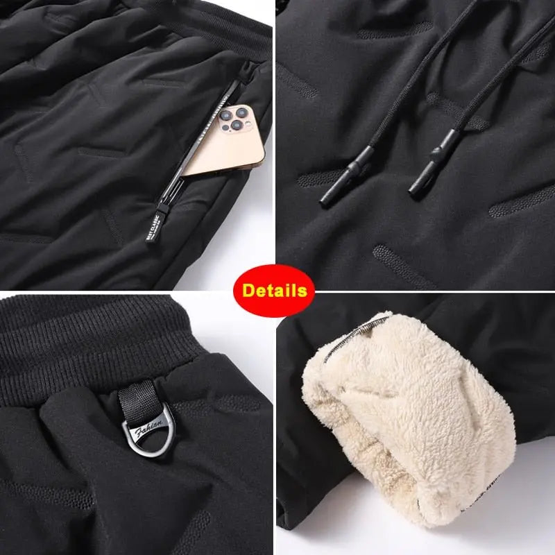 Winter Zip Pockets Thicken Fleece Sweatpants Joggers Water Proof Thermal Trousers - Blade & Thread