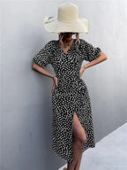 Woman Short Sleeve V Neck Chiffon Wrap Dresses Polka Dot Streetwear Elegant Midi Dress nowadaysfashion