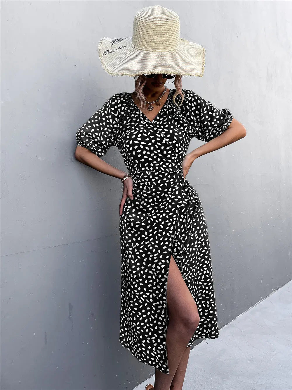 Woman Short Sleeve V Neck Chiffon Wrap Dresses Polka Dot Streetwear Elegant Midi Dress - Blade & Thread