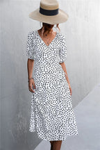 Woman Short Sleeve V Neck Chiffon Wrap Dresses Polka Dot Streetwear Elegant Midi Dress nowadaysfashion