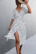Woman Short Sleeve V Neck Chiffon Wrap Dresses Polka Dot Streetwear Elegant Midi Dress nowadaysfashion