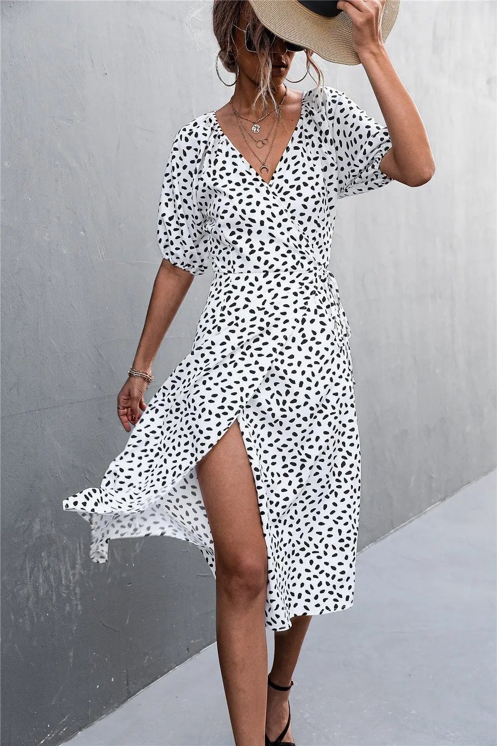 Woman Short Sleeve V Neck Chiffon Wrap Dresses Polka Dot Streetwear Elegant Midi Dress nowadaysfashion