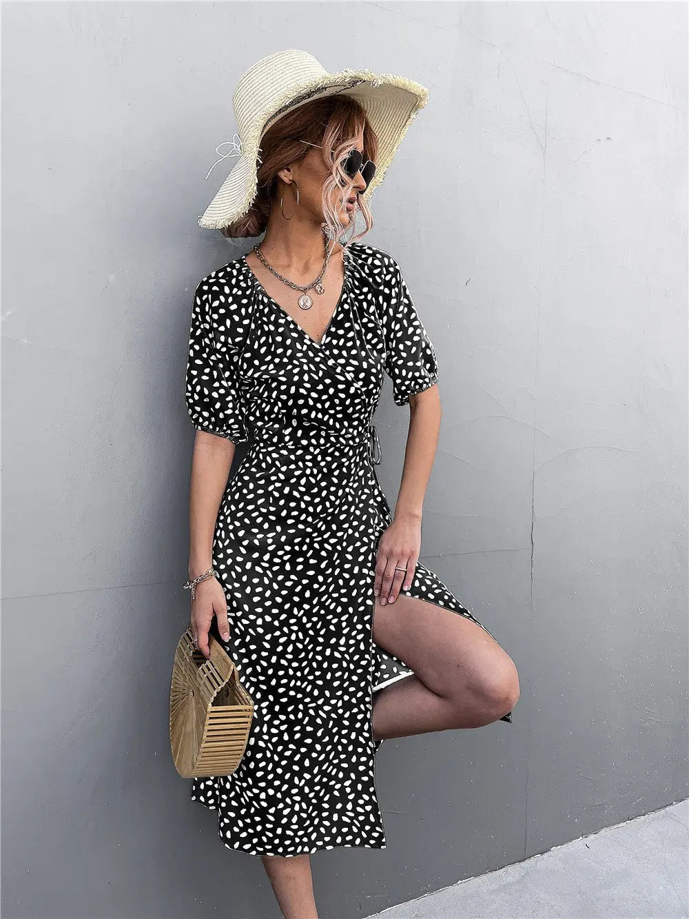 Woman Short Sleeve V Neck Chiffon Wrap Dresses Polka Dot Streetwear Elegant Midi Dress - Blade & Thread