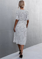 Woman Short Sleeve V Neck Chiffon Wrap Dresses Polka Dot Streetwear Elegant Midi Dress nowadaysfashion
