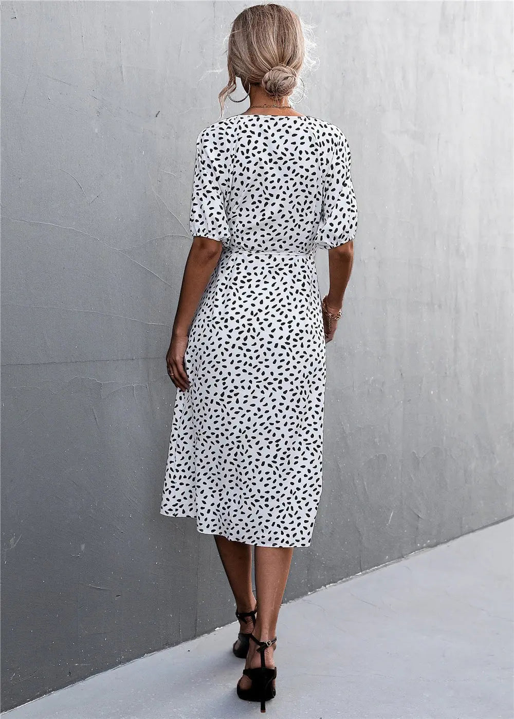 Woman Short Sleeve V Neck Chiffon Wrap Dresses Polka Dot Streetwear Elegant Midi Dress nowadaysfashion