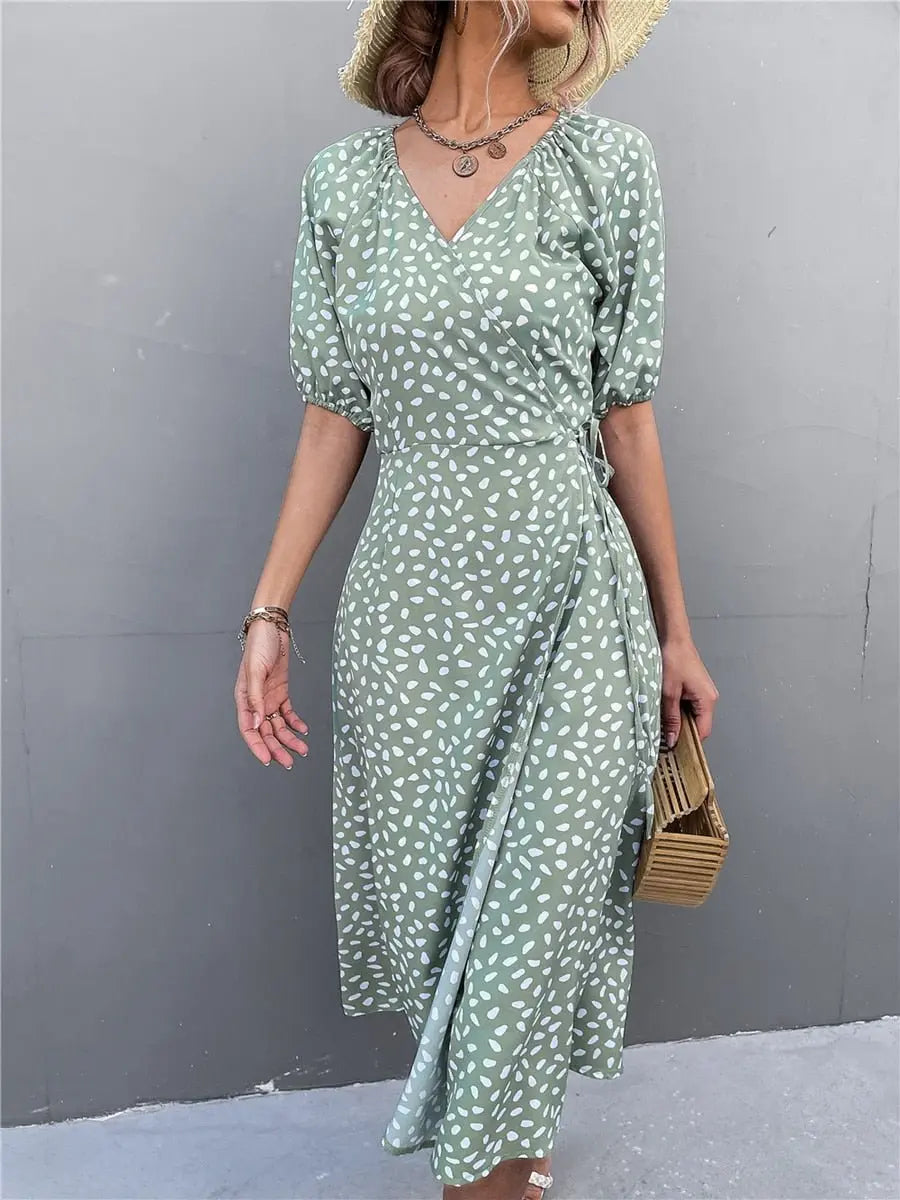 Woman Short Sleeve V Neck Chiffon Wrap Dresses Polka Dot Streetwear Elegant Midi Dress nowadaysfashion
