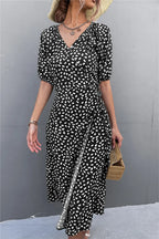 Woman Short Sleeve V Neck Chiffon Wrap Dresses Polka Dot Streetwear Elegant Midi Dress nowadaysfashion