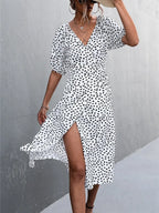 Woman Short Sleeve V Neck Chiffon Wrap Dresses Polka Dot Streetwear Elegant Midi Dress nowadaysfashion