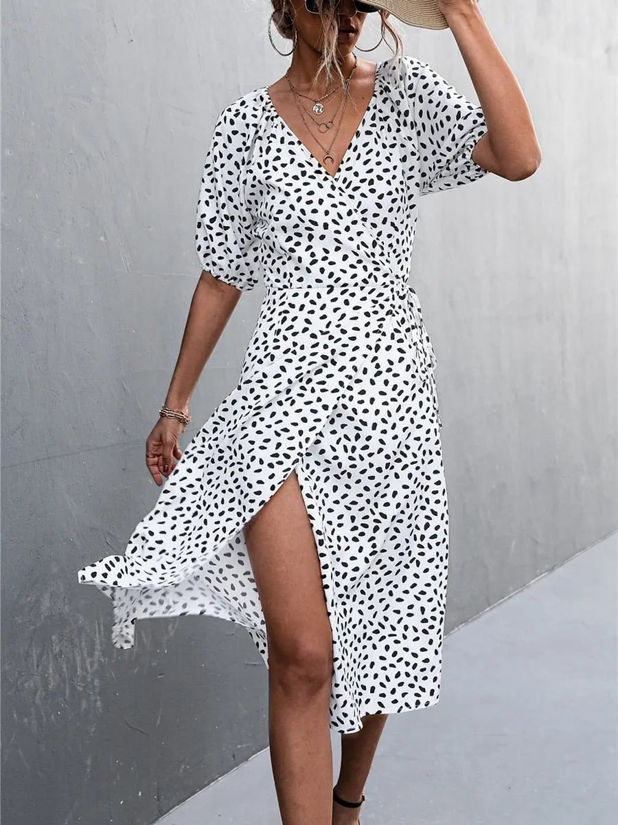 Woman Short Sleeve V Neck Chiffon Wrap Dresses Polka Dot Streetwear Elegant Midi Dress nowadaysfashion