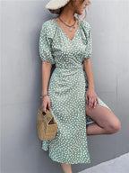 Woman Short Sleeve V Neck Chiffon Wrap Dresses Polka Dot Streetwear Elegant Midi Dress nowadaysfashion