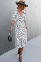 Woman Short Sleeve V Neck Chiffon Wrap Dresses Polka Dot Streetwear Elegant Midi Dress nowadaysfashion