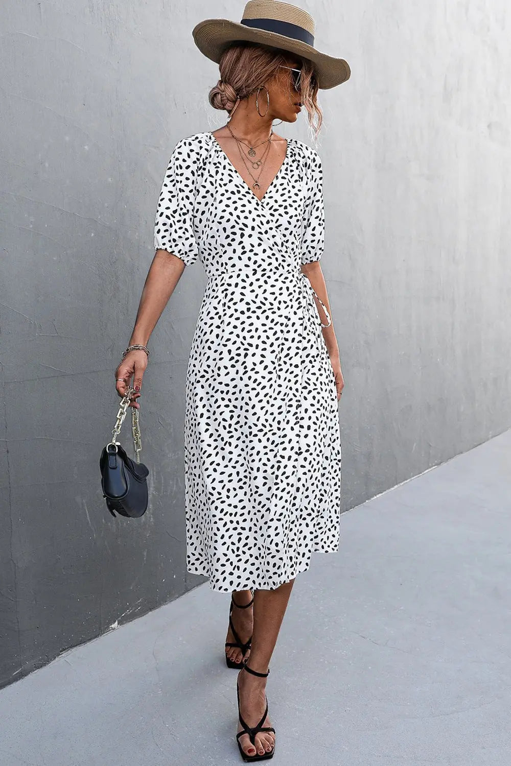 Woman Short Sleeve V Neck Chiffon Wrap Dresses Polka Dot Streetwear Elegant Midi Dress nowadaysfashion