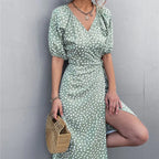 Woman Short Sleeve V Neck Chiffon Wrap Dresses Polka Dot Streetwear Elegant Midi Dress nowadaysfashion