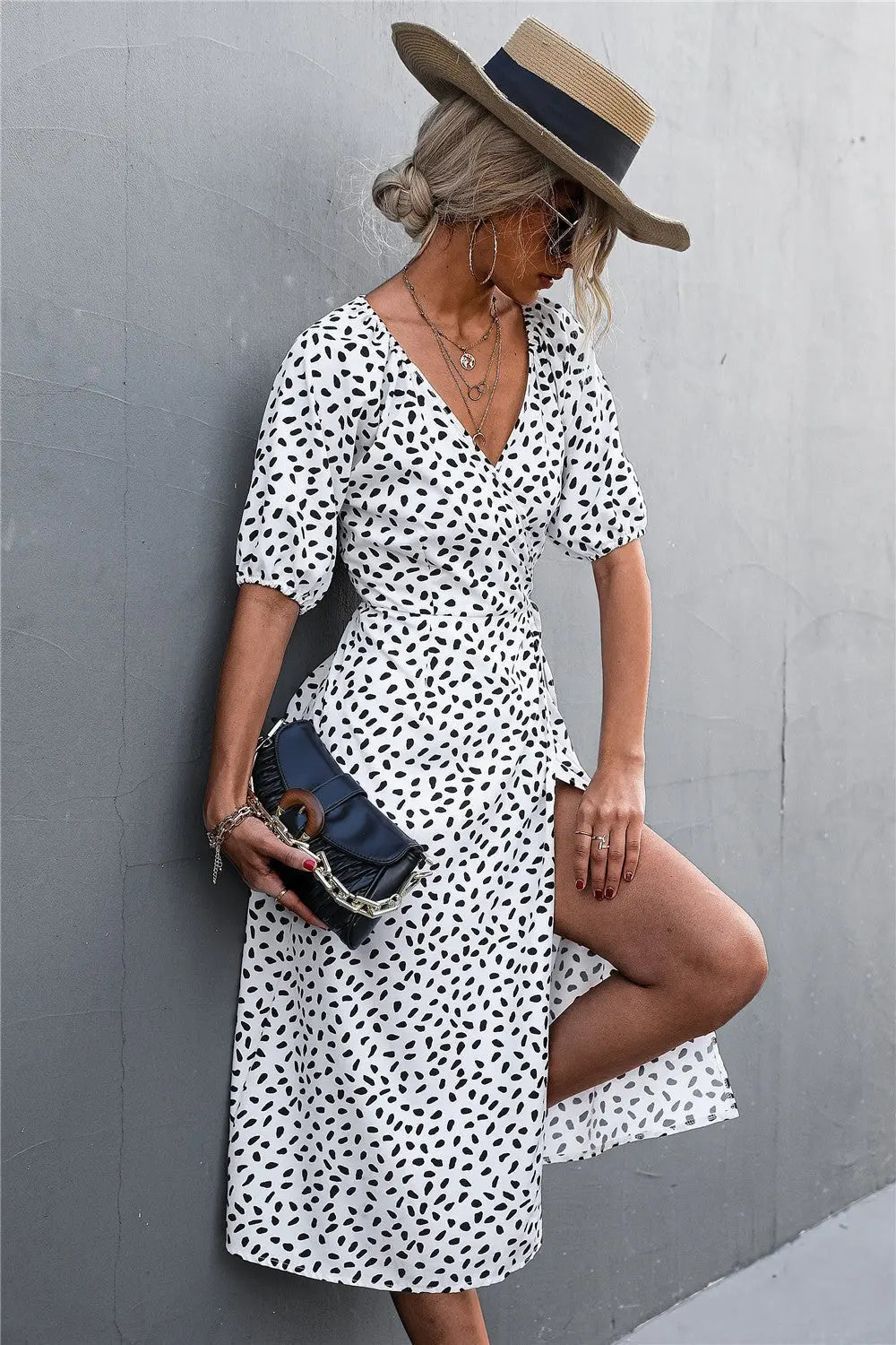 Woman Short Sleeve V Neck Chiffon Wrap Dresses Polka Dot Streetwear Elegant Midi Dress - Blade & Thread