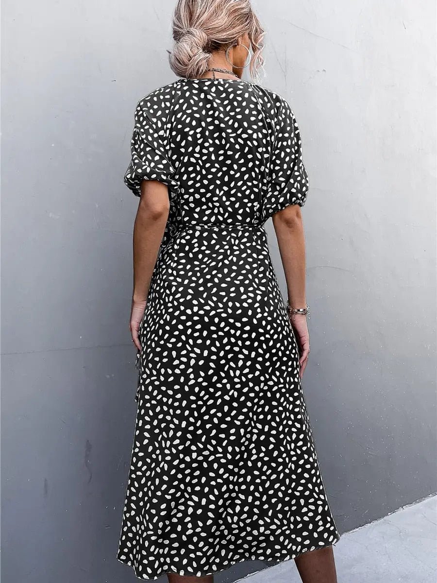 Woman Short Sleeve V Neck Chiffon Wrap Dresses Polka Dot Streetwear Elegant Midi Dress nowadaysfashion