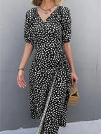 Woman Short Sleeve V Neck Chiffon Wrap Dresses Polka Dot Streetwear Elegant Midi Dress nowadaysfashion