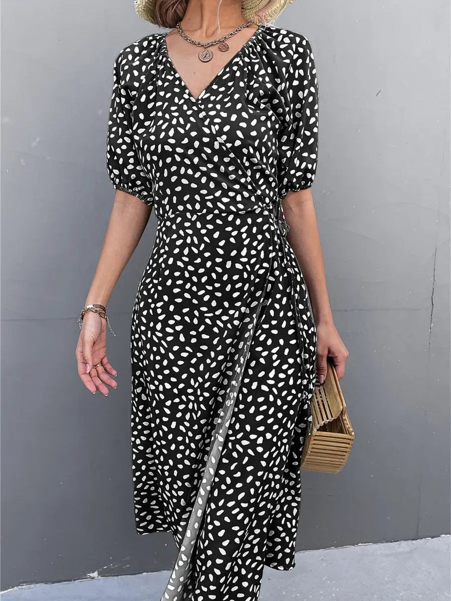 Woman Short Sleeve V Neck Chiffon Wrap Dresses Polka Dot Streetwear Elegant Midi Dress - Blade & Thread