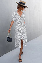 Woman Short Sleeve V Neck Chiffon Wrap Dresses Polka Dot Streetwear Elegant Midi Dress nowadaysfashion