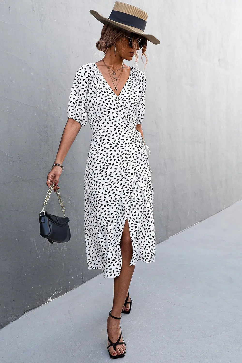 Woman Short Sleeve V Neck Chiffon Wrap Dresses Polka Dot Streetwear Elegant Midi Dress - Blade & Thread