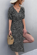Woman Short Sleeve V Neck Chiffon Wrap Dresses Polka Dot Streetwear Elegant Midi Dress nowadaysfashion