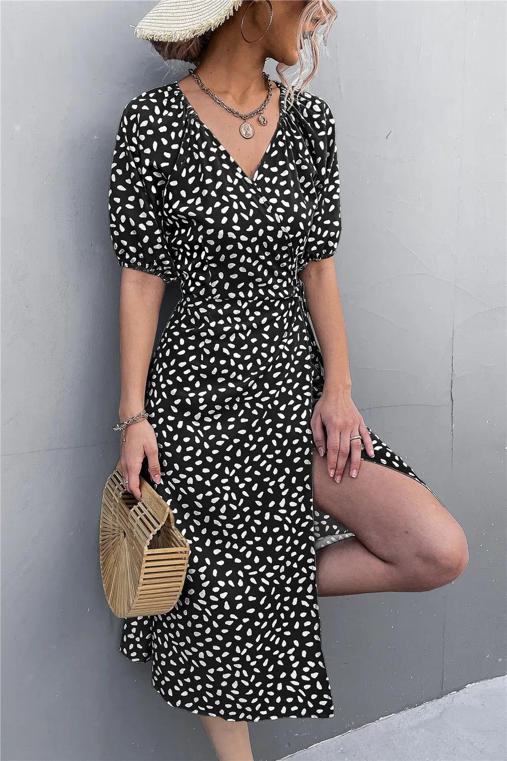 Woman Short Sleeve V Neck Chiffon Wrap Dresses Polka Dot Streetwear Elegant Midi Dress - Blade & Thread