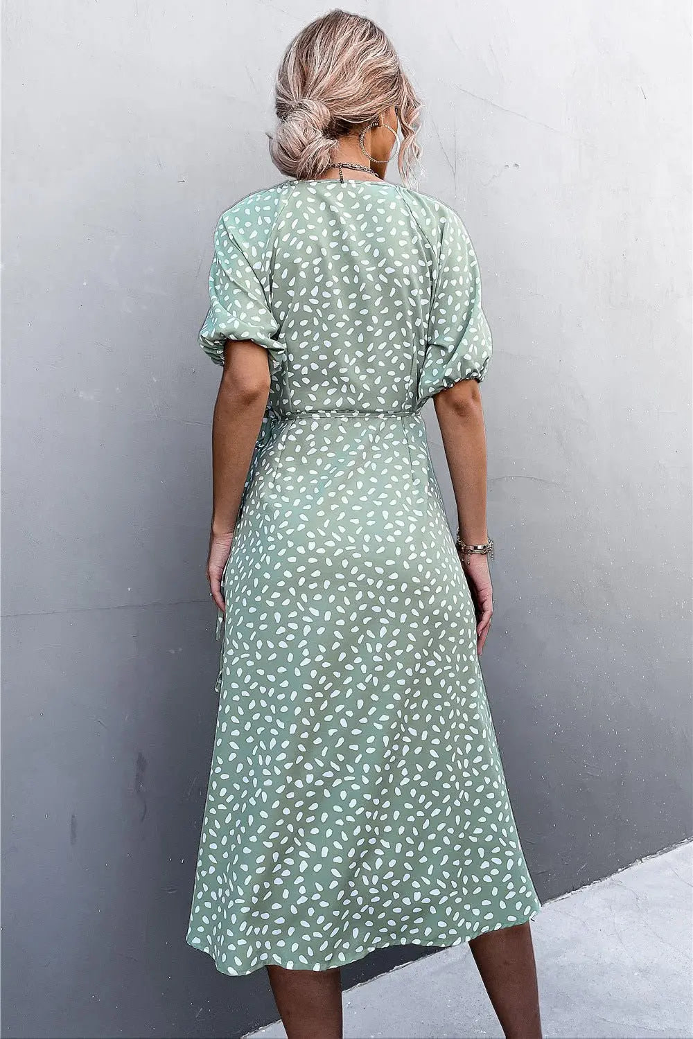 Woman Short Sleeve V Neck Chiffon Wrap Dresses Polka Dot Streetwear Elegant Midi Dress - Blade & Thread