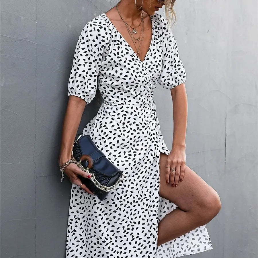 Woman Short Sleeve V Neck Chiffon Wrap Dresses Polka Dot Streetwear Elegant Midi Dress - Blade & Thread