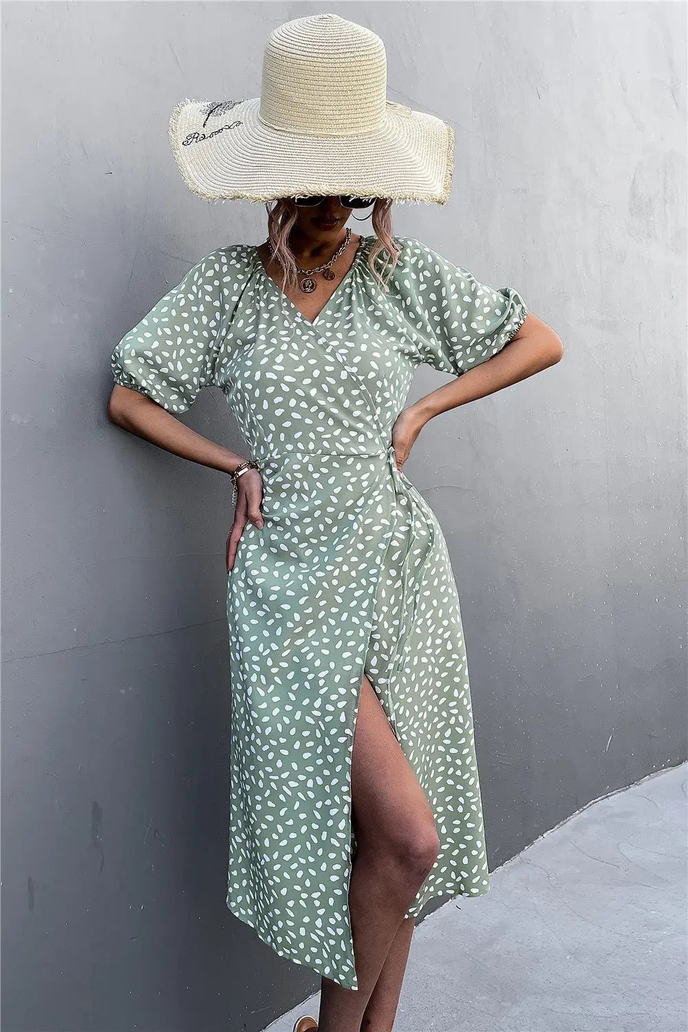 Woman Short Sleeve V Neck Chiffon Wrap Dresses Polka Dot Streetwear Elegant Midi Dress - Blade & Thread