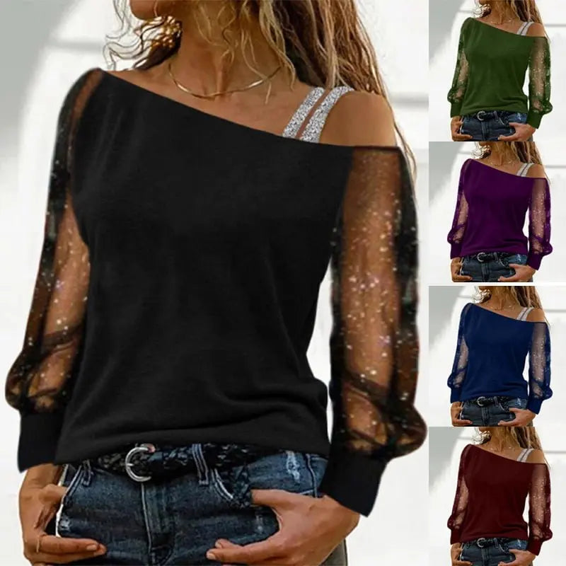 Woman Tshirts Long Sleeve Solid Colour Sexy Off Shoulder Tops Casual Streetwear T-shirt - Blade & Thread