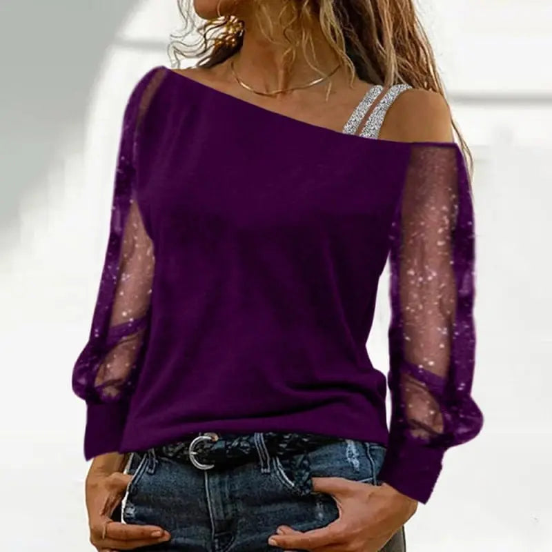 Woman Tshirts Long Sleeve Solid Colour Sexy Off Shoulder Tops Casual Streetwear T-shirt - Blade & Thread