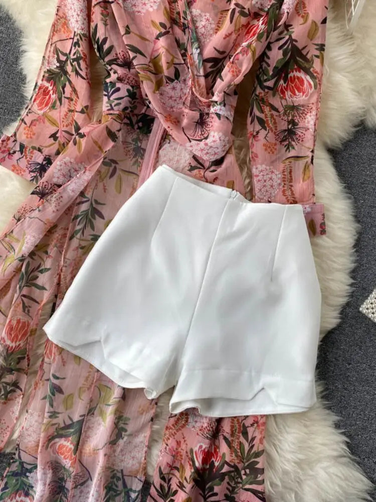 Women Casual Two Piece Set Long Sleeve V Neck Asymmetrical Chiffon Shirt nowadaysfashion