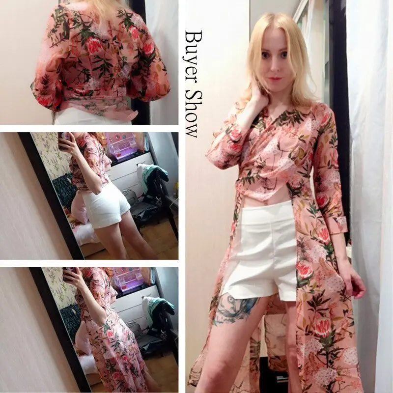 Women Casual Two Piece Set Long Sleeve V Neck Asymmetrical Chiffon Shirt - Blade & Thread