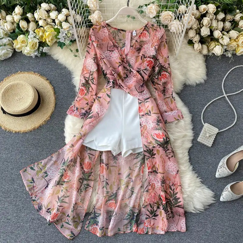 Women Casual Two Piece Set Long Sleeve V Neck Asymmetrical Chiffon Shirt nowadaysfashion